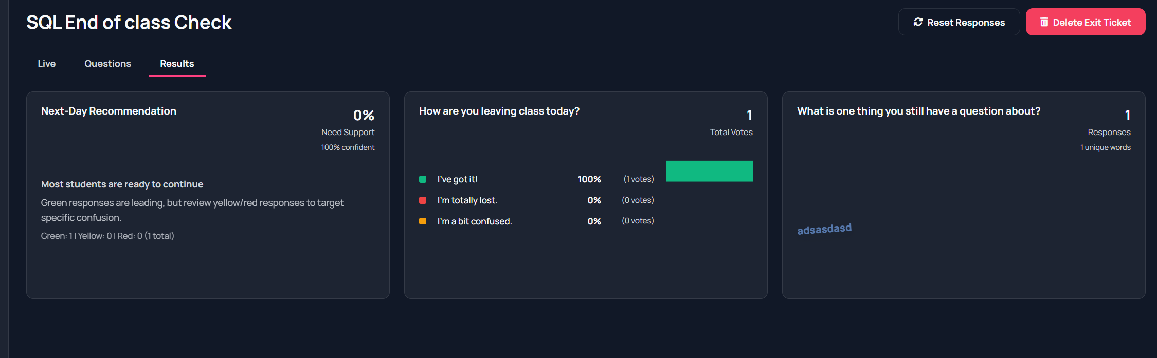 Administratören ser sammanställda resultat från Exit Ticket med tydlig överblick.