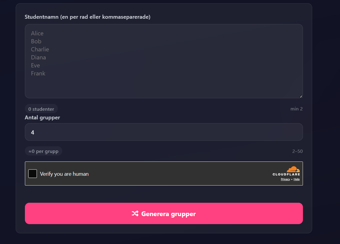 MentorSparks gratis gruppgenerator – skriv in namn och få slumpade grupper direkt