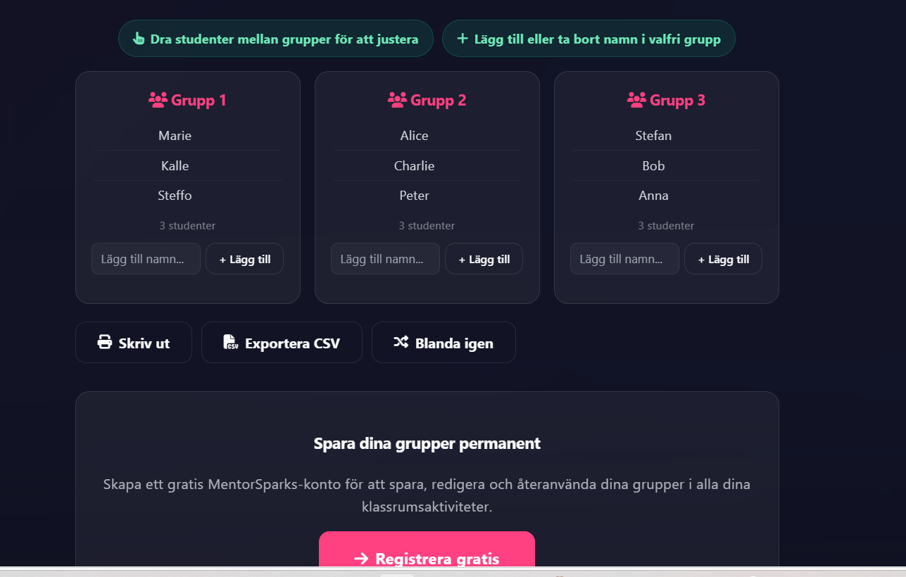 Resultat från gruppgeneratorn – grupper med drag & drop